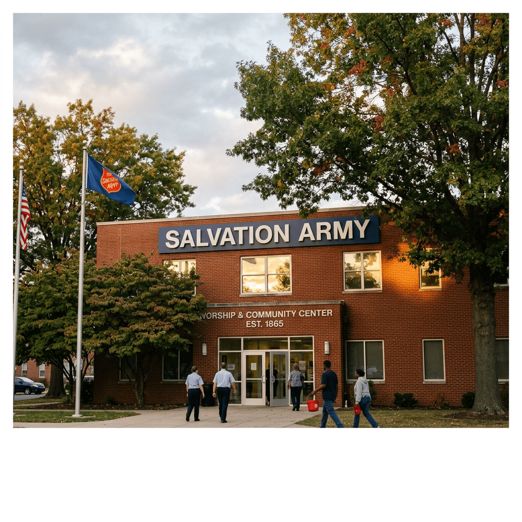 Salvation Army worship and community center building with people walking inside and two flags flying outside