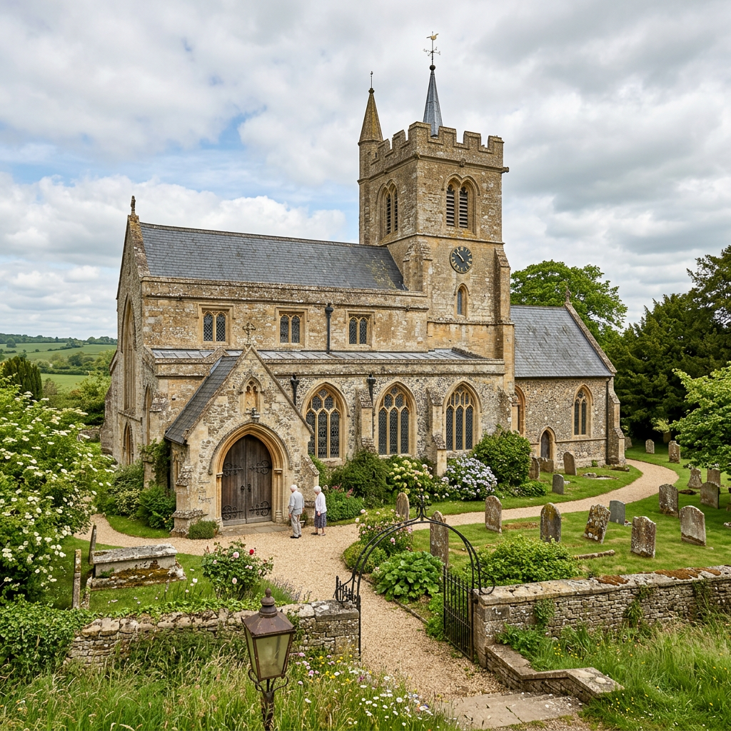 Stone church with clock tower, arched windows, and path in graveyard