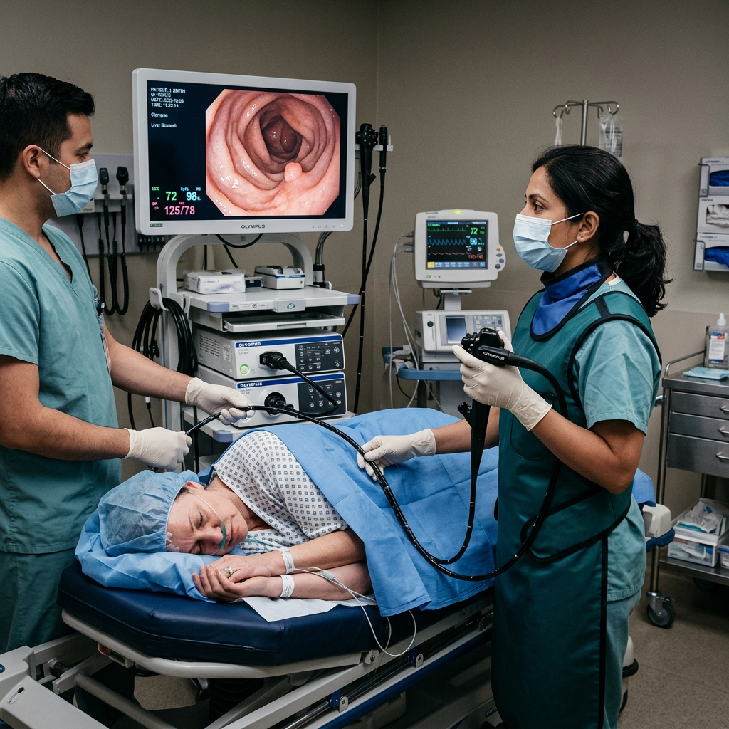 Medical team conducting colonoscopy on patient with internal images displayed on monitor